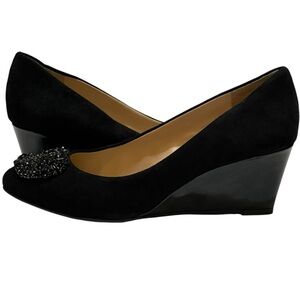 ANTONIO MELANI BLACK SUEDE RHINESTONE EMBELLISHED WEDGE HEELS  SZ 7.5 MED EUC